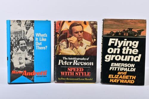 FORMULA ONE DRIVERS: A group of three hardcover books detailing the racing careers of various Grand Prix drivers. Mario Andretti, Emerson Fittipaldi, Peter Revson. Circa 1970's