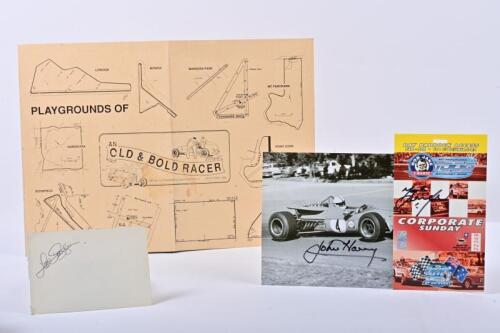 AUSTRALIAN MOTOR RACING: Four items relating to Australian motor racing. Black and white photograph of John Harvey racing a 2.5 litre Repco Brabham BT23E