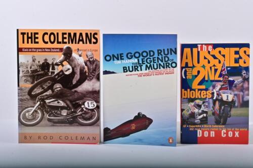 AUSTRALIA/N.Z MOTORCYCLE STORIES: Three softcover books detailing Australian and New Zealand motorcycle stories. 'THE COLEMANS - Kiwis on the grass in New Zealand... on the road in Europe' - signed by Rod Coleman