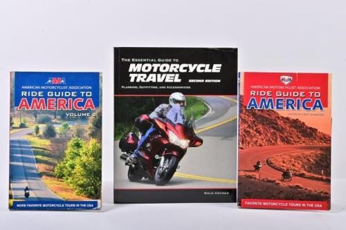 MOTORCYCLE TRAVEL: Three softcover books detailing motorcycle travelling and ride guides. Two Volumes of AMERICAN MOTORCYCLIST ASSOCIATION 'RIDE GUIDE TO AMERICA'