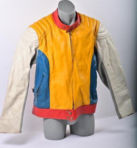 STAGG MOTORCYCLE JACKET: An Australian made leather Stagg Motorcycle jacket in colours blue, red, yellow, white. Size 8