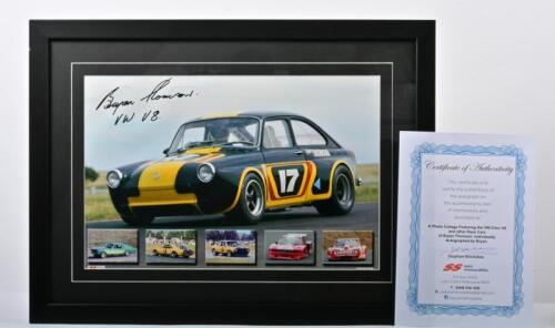 THOMSON: A framed photo collage of Bryan Thomson's VW Chev V8 and other race cars. Collage signed by Bryan Thomson