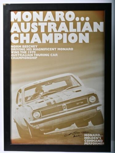 BEECHEY: A framed picture of Norm Beechey driving a Monaro to win the 1970 Australian Touring Car Championship. Norm Beechey signature