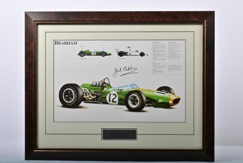 BRABHAM: A superb framed colour collage of Brabham racing cars. Sir Jack Brabham signature