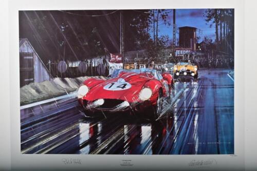 FERRARI: A Limited Edition print by Nicholas Watts titled "LE MANS 1958" featuring the winning Ferrari 250TR driven by Phil Hill and Olivier Gendebien. L.E 400/500. Signed by Phil Hill