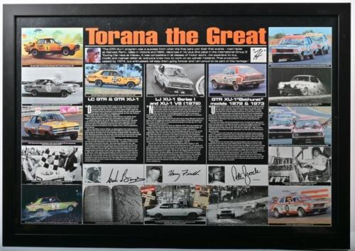 TORANA: A 'Torana the Great' collage picture depicting Holden Torana's competing in various racing categories. Colin Bond, Harry Firth signatures