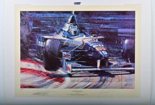 HILL: A Limited Edition print by Nicholas Watts titled "OUT OF THE SHADOWS" featuring the Williams Renault FW18 as driven by Damon Hill that won the 1996 World Championship. Signed by Damon Hill and artist. Numbered 400/1000