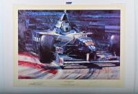 HILL: A Limited Edition print by Nicholas Watts titled "OUT OF THE SHADOWS" featuring the Williams Renault FW18 as driven by Damon Hill that won the 1996 World Championship. Signed by Damon Hill and artist. Numbered 400/1000