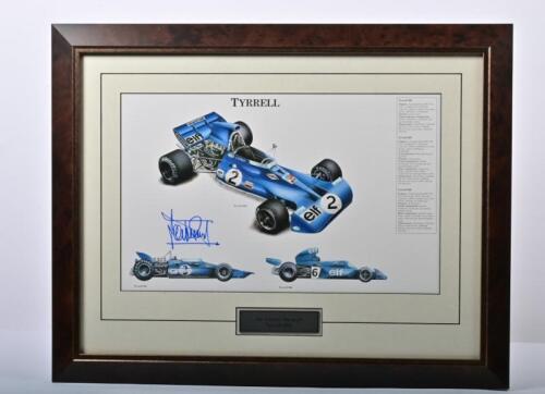 STEWART: A superb framed colour collage of Tyrrell racing cars as raced by Jackie Stewart and Francois Cevert. Jackie Stewart