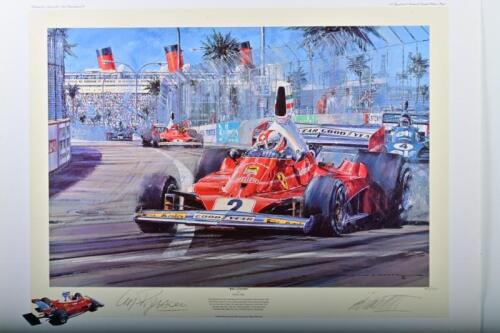 FERRARI: A Limited Edition print by Nicholas Watts titled "REGAZZONI" featuring the Ferrari 312T as raced to victory by Clay Regazzoni at the 1976 United States Grand Prix West. L.E 400/500. Clay Regazzoni signature