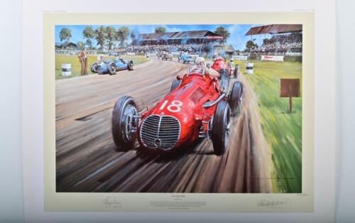MASERATI: A Limited Edition print by Nicholas Watts titled "THE ITALIAN JOB" featuring the winning Maserati 4CLT as raced to victory by Luigi Villoresi at the 1948 British Grand Prix, Silverstone. Signed by Luigi Villoresi and artist. Numbered 400/500