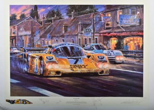 PORSCHE: A Limited Edition print by Nicholas Watts titled "LE-MANS 1985" featuring the Porsche 956 as driven by Paolo Barilla, Klaus Ludwig, John Winter passing the March 84G as they race past Les Hunaudieres. Paolo Barilla, Klaus Ludwig, John Winter and 