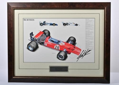 SURTEES: An interesting framed colour collage of John Surtees racing cars. Picture signed by John Surtees