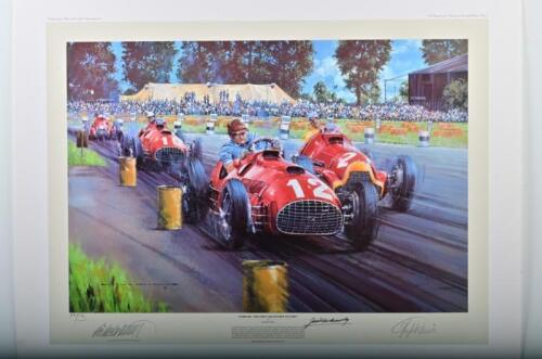 FERRARI: A Limited Edition print by Nicholas Watts titled "FERRARI - THE FIRST GRAND PRIX VICTORY" featuring the first Ferrari Grand Prix victory at Silverstone 1951 as driven by Jose Froilan Gonzalez in a Ferrari 375/F1. Signed by Jose Froilan Gonzalez i