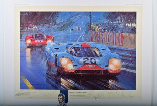 PORSCHE/FERRARI: A Limited Edition print by Nicholas Watts titled "THE POWER & THE GLORY - A TRIBUTE" featuring a tribute to the Porsche 917'S and Ferrari 512's. Signed by Brian Redman, Jacky Ickx, Richard Attwood, Clay Regazzoni, Derek Bell and artist. N