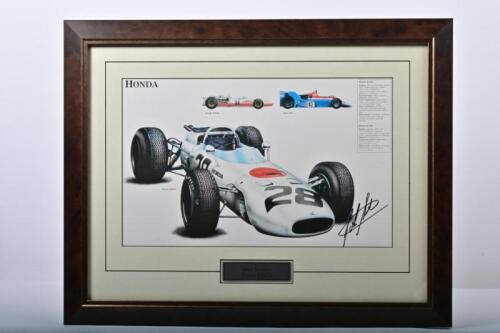 SURTEES: An interesting framed colour collage of John Surtees Honda racing cars. John Surtees signature