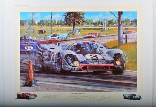 PORSCHE: A Limited Edition print by Nicholas Watts titled 'THE 12 HOURS OF SEBRING - 1971' featuring the victorious Porsche 917 of Vic Elford and Gerard Larrousse as raced at Sebring, Florida, March 20th 1971. Vic Elford, Gerard Larrousse and artist signa