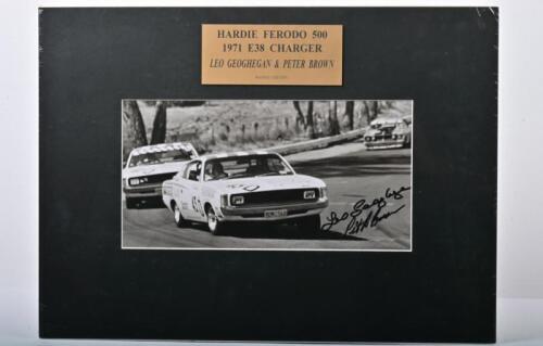 CHARGER: A superb Bathurst 1971 HARDIE FERODO 500 Valiant Charger E38 black and white picture by Three Phase Posters depicting the Valiant Charger E38 of Leo Geoghegan and Peter Brown. L.E 78/110. Leo Geoghegan and Peter Brown signatures