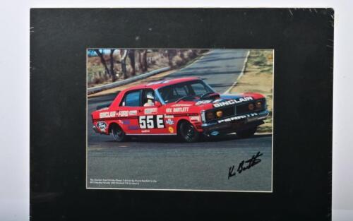 FORD: A colour picture depicting Kevin Bartlett driving a Sinclair Ford Falcon GT-HO Phase 3 to 7th position in class E during 1971 Hardie Ferodo 500. Kevin Bartlett signature