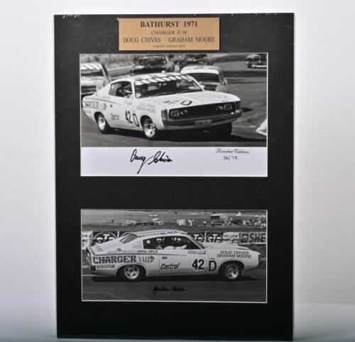 CHARGER: A black and white picture set of Doug Chivas and Graham Moore driving a Charger E38 at Bathurst 1971. L.E 36/75. Doug Chivas & Graham Moore signatures
