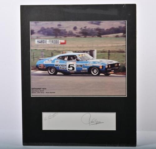 FORD: A colour photograph of the 'McLeod Ford' Ford Falcon XA GT from the BATHURST 1974, as raced by John Goss/Kevin Bartlett. Kevin Bartlett and John Goss signatures