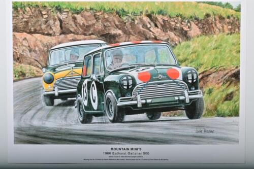 BATHURST MINI'S: A high quality print after the original artwork - 'MOUNTAIN MINI'S 1966 Bathurst Gallaher 500, Morris Cooper S. Wins first nine outright positions' - featuring the winning car No.13 driven by Rauno Aaltonen & Bob Holden and second placed