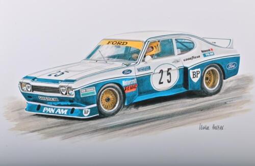 FORD/MOFFAT: A high quality print after the original artwork featuring Allan Moffat campaigning a 1970's Ford Capri