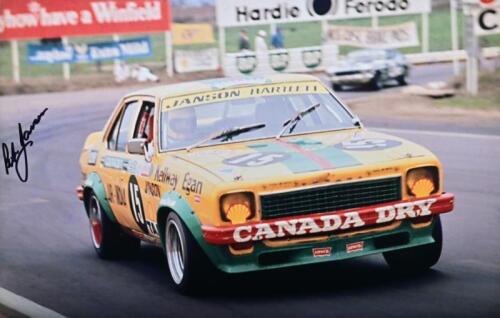 JANSON: A colour picture of Peter Janson racing a LH Torana SL/R 5000 L34 at Hardie Ferodo 500. Peter Janson signature