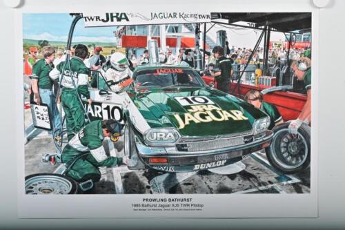 JAGUAR BATHURST: A high quality print after the original artwork - 'PROWLING BATHURST' - featuring the Jaguar XJS TWR Pitstop at 1985 Bathurst. As raced by John Goss and Armin Hahne