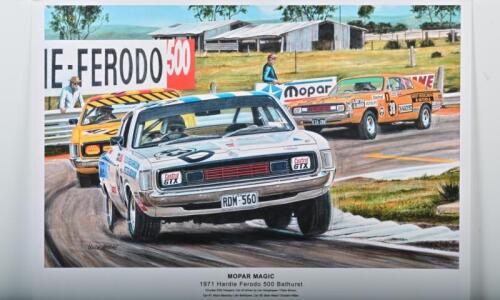 MOPAR: A high quality print after the original artwork - 'MOPAR MAGIC 1971 Hardie Ferodo 500 Bathurst'. Features Chrysler E38 Chargers