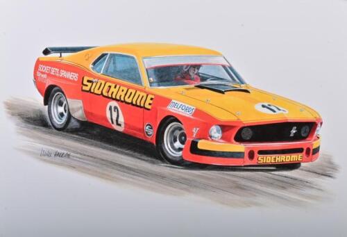 RICHARDS: A high quality print after the original artwork featuring the Jim Richards Ford Mustang BOSS