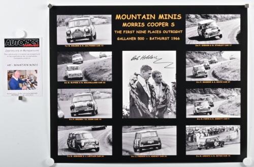 MINI'S: A photo collage - "MOUNTAIN MINIS" - depicting Mini's racing at Bathurst taking out the first nine places outright at the 1966 Gallaher 500. Bob Holden signature