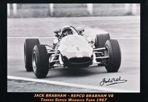 BRABHAM: A 'JACK BRABHAM - REPCO BRABHAM V8 - TASMAN SERIES WARWICK FARM 1967' black and white picture. Picture with original Jack Brabham signature