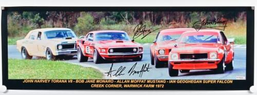 WARWICK FARM: A large colour photograph of Sports Sedans from Warwick Farm 1972. Depicts John Harvey Torana V8, Bob Jane Monaro, Allan Moffat Mustang, Ian Geoghegan Super Falcon at Creek Corner, Warwick Farm. Picture signed by three drivers