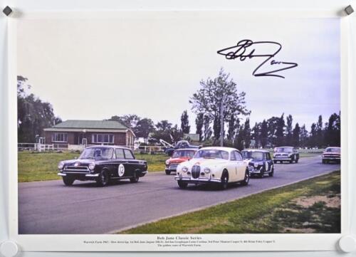 JANE: A Bob Jane signed print of Bob Jane in a Jaguar MKII at Warwick Farm 1963