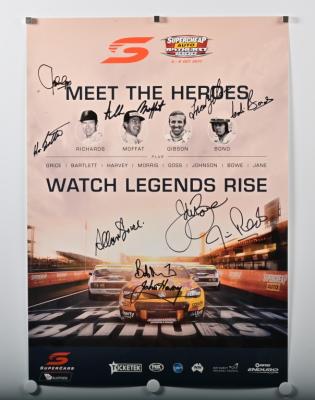 A.T.C.C/SUPERCARS: A 2017 'SUPERCHEAP AUTO BATHURST 1000 - MEET THE HEROES, WATCH THE LEGENDS RISE' poster. Multiple A.T.C.C driver signatures including Fred Gibson, John Harvey, Allan Grice, Bob Morris