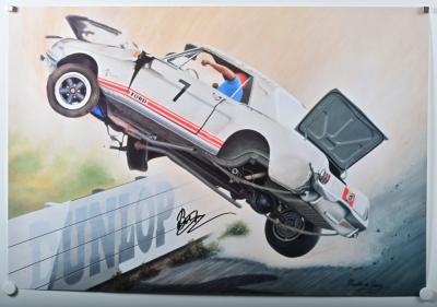 MUSTANG: A Martin de Lang print of Bob Jane crashing his Ford Mustang at Catalina Road Racing Circuit, Katoomba NSW. Print signed by Bob Jane