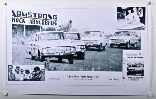 FORD: A black and white print - "The First Ford Falcon Win - 1962 Ford Falcon XL" - depicting the first Ford Falcon win at the 1962 Armstrong 500