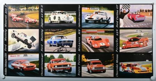JANE: A large colour print collage depicting Martin de Lang prints of Bob Jane race cars. Print with Bob Jane signature