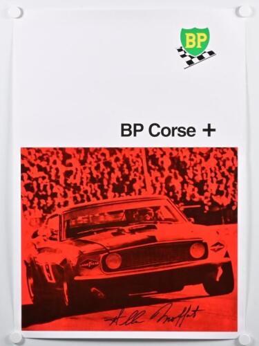 MOFFAT: A modern 'BP Corse +' poster featuring the Ford Mustang Boss of Allan Moffat. Poster signed by Allan Moffat