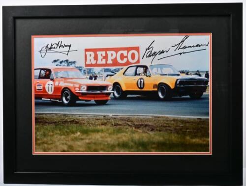 HOLDEN: A framed photograph of Bob Jane Torana Repco as driven by John Harvey and Bryan Thomson's Torana Chev at Calder's Repco Corner. John Harvey and Bryan Thomson signatures