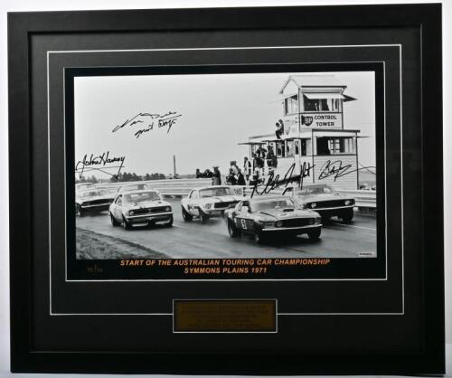 A.T.C.C: A black and white photograph of the 'START OF THE AUSTRALIAN TOURING CAR CHAMPIONSHIP SYMMONS PLAINS 1971'. Allan Moffat, Bob Jane, Norm Beechey, John Harvey signatures. L.E of 10