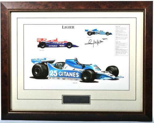 LAFFITE: A superb framed colour collage of Ligier racing cars. Jacques Laffite signature