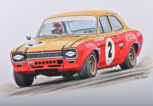 MOFFAT/ESCORT: A high quality print after the original artwork featuring Allan Moffat campaigning in the early 1970s the ex-Alan Mann Racing Ford Escort