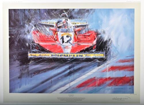 VILLENEUVE: A Limited Edition print by Nicholas Watts titled "RAGGED EDGE" featuring the Ferrari 312T3 that took Gilles Villeneuve to his Grand Prix victory on October 8, 1978 at Ille Notre Dame circuit in Montreal. Signed by artist. Numbered 47/125