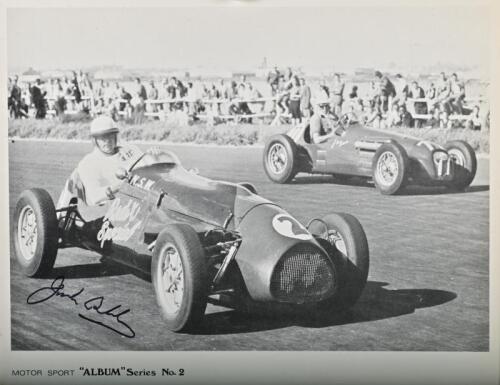 BRABHAM: A black and white 'MOTOR SPORT "ALBUM series No.2' picture of Sir Jack Brabham leading Lex Davison, H.W.M. Jaguar in the 1954 Victorian Trophy Race at Fisherman's Bend on the 21st March. Sir Jack Brabham signature