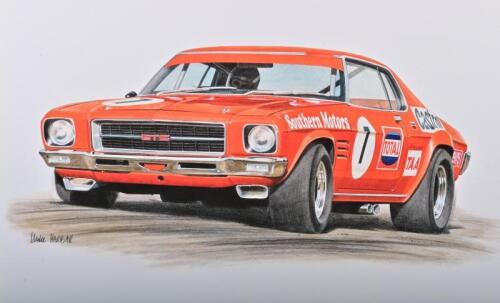BOB JANE: A high quality print after the original artwork featuring the Bob Jane HQ Holden Monaro GTS