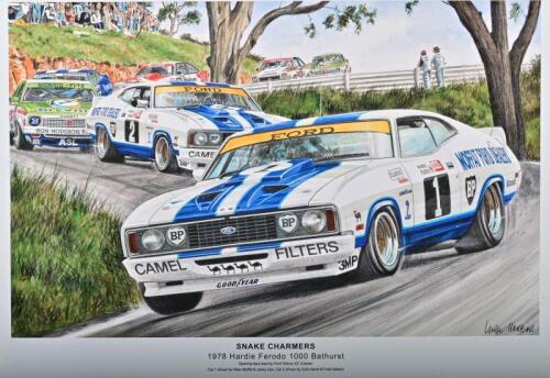 FORD: A high quality print after the original artwork - 'SNAKE CHARMERS 1978 Hardie Ferodo 1000 Bathurst' featuring the opening laps being lead by Ford Falcon XC Cobra's