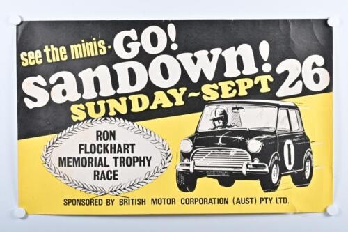 SANDOWN: An interesting and original 'see the minis - GO1 SANDOWN! SUNDAY-SEPT 26' promotional poster as prepared for the Ron Flockhart Memorial Trophy Race. Circa 1960's