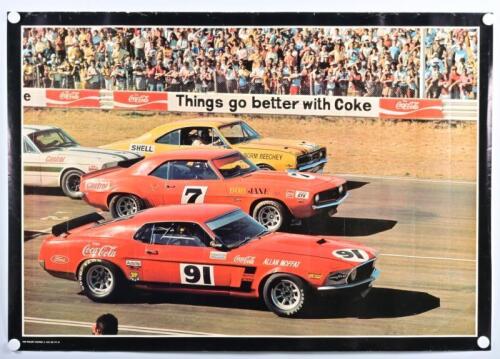 CALDER PARK: A period 'TOM FOLLERY POSTERS' poster depicting the Australian Touring cars of Allan Moffat in a Ford Mustang, Bob Jane in Chevrolet Camaro ZL-1, Norm Beechey in Holden Monaro GTS